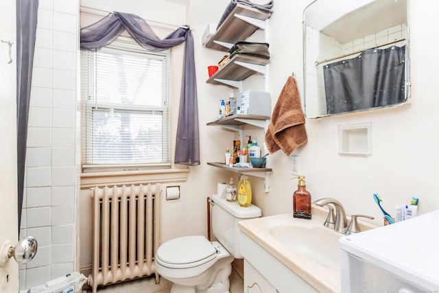 full bathroom with radiator heating unit, vanity, toilet, and a shower with curtain