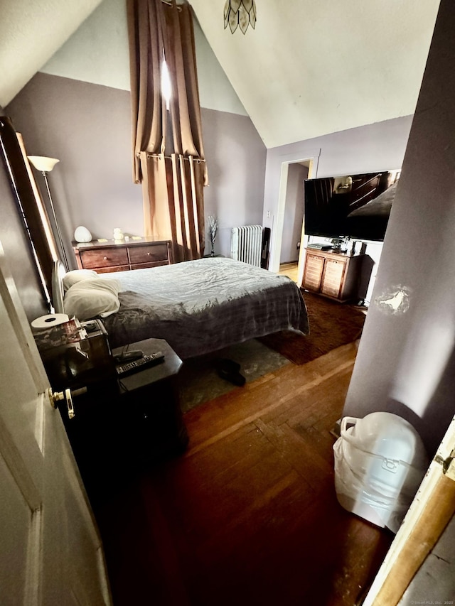 bedroom featuring lofted ceiling and wood finished floors