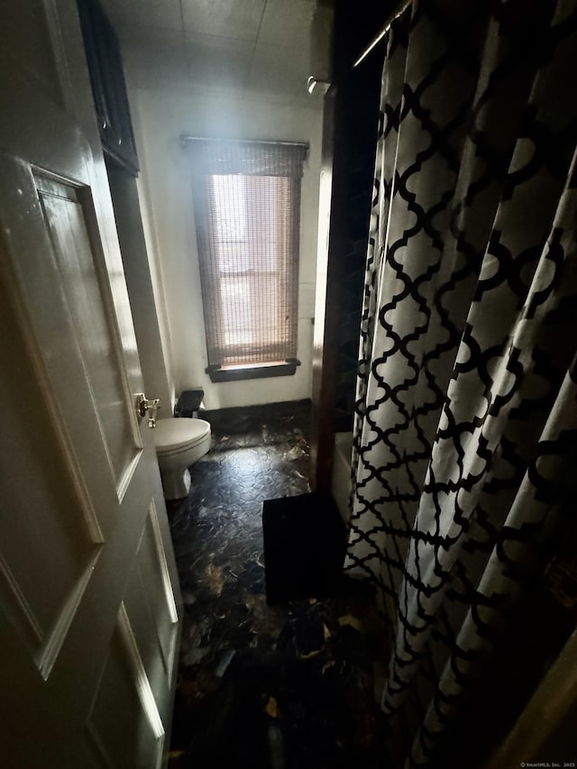 bathroom featuring toilet and a shower with shower curtain