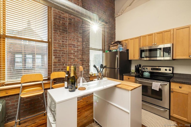 kitchen featuring appliances with stainless steel finishes, a wealth of natural light, light brown cabinets, and brick wall