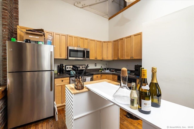 kitchen featuring stainless steel appliances, dark countertops, a high ceiling, and dark wood-style floors