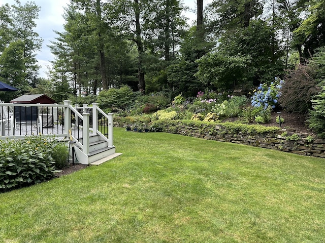 view of yard with a wooden deck