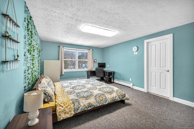 carpeted bedroom featuring a textured ceiling, a baseboard radiator, and baseboards