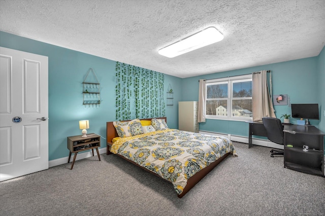 carpeted bedroom with a textured ceiling, a baseboard heating unit, and baseboards