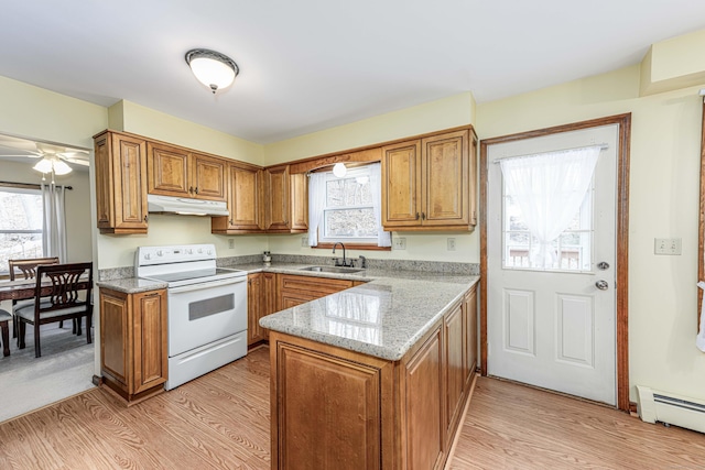 kitchen featuring under cabinet range hood, a peninsula, electric range, a sink, and brown cabinetry