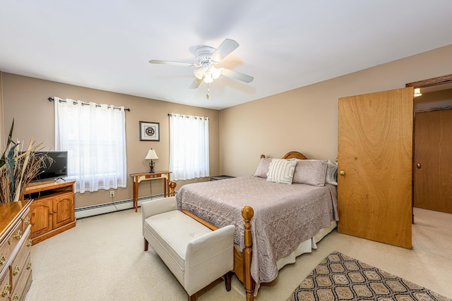 bedroom featuring light carpet, ceiling fan, and a baseboard radiator