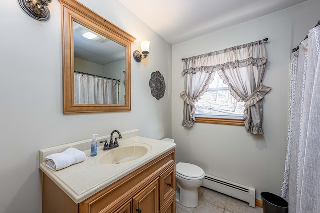 bathroom with toilet, tile patterned flooring, baseboard heating, and vanity