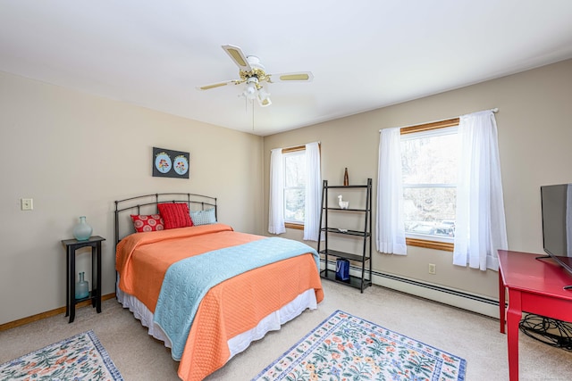 bedroom with ceiling fan, baseboards, and baseboard heating