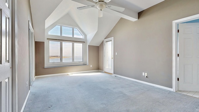 interior space with carpet floors, baseboards, and a ceiling fan