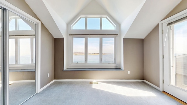 additional living space featuring vaulted ceiling, plenty of natural light, and light colored carpet