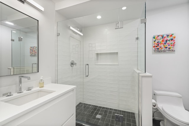 full bath featuring recessed lighting, a shower stall, toilet, and vanity
