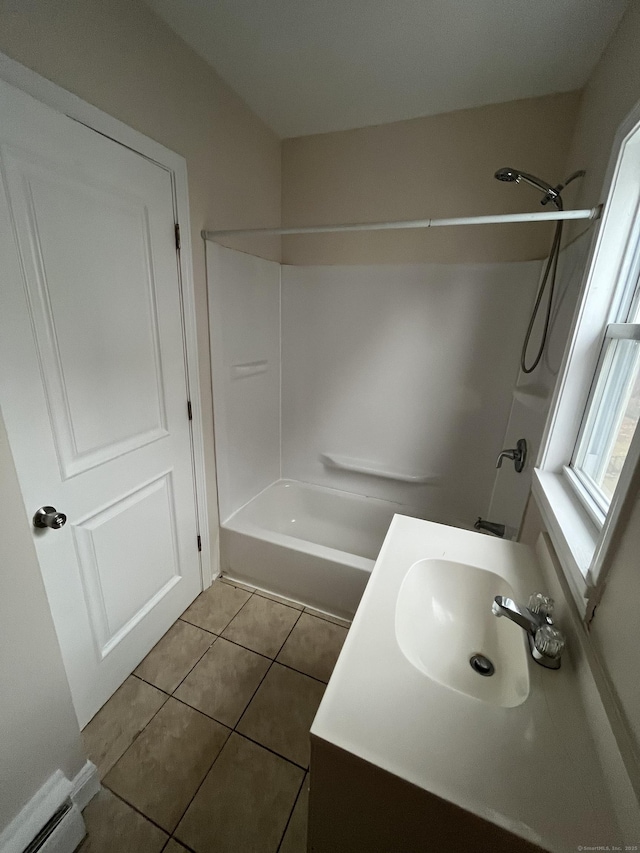 full bathroom featuring a baseboard heating unit, tub / shower combination, vanity, and tile patterned floors