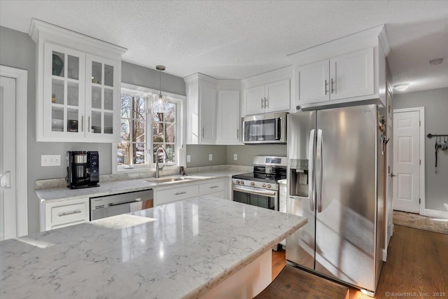 kitchen with appliances with stainless steel finishes, white cabinets, a sink, and glass insert cabinets