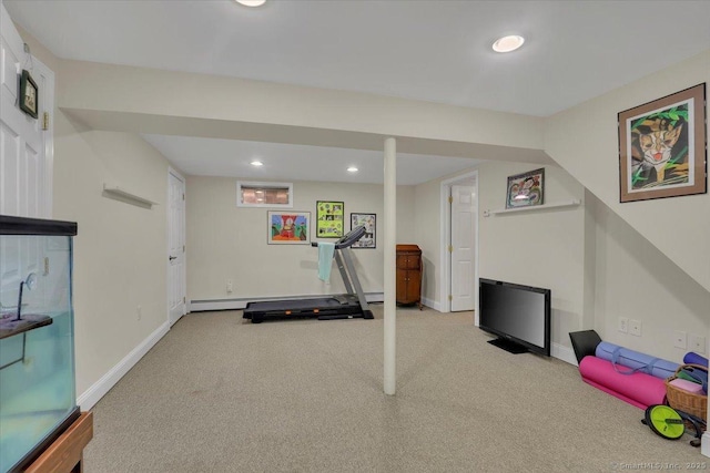 workout area featuring carpet floors, recessed lighting, a baseboard radiator, and baseboards