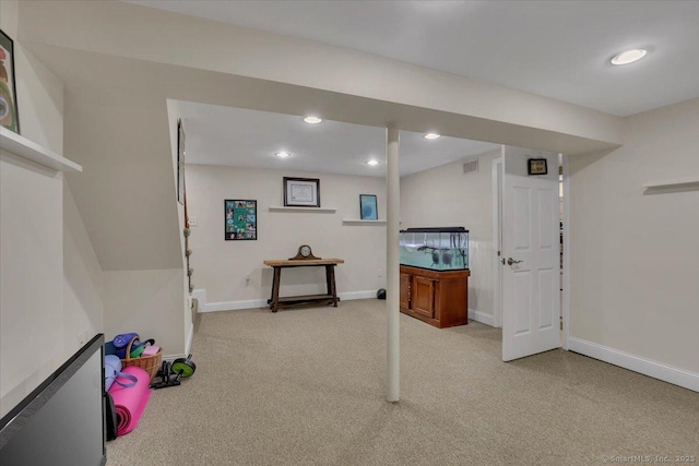 playroom featuring recessed lighting, light colored carpet, visible vents, and baseboards