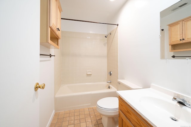 full bathroom with visible vents, toilet, washtub / shower combination, vanity, and tile patterned floors