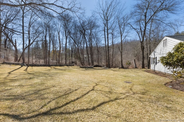 view of yard with a forest view