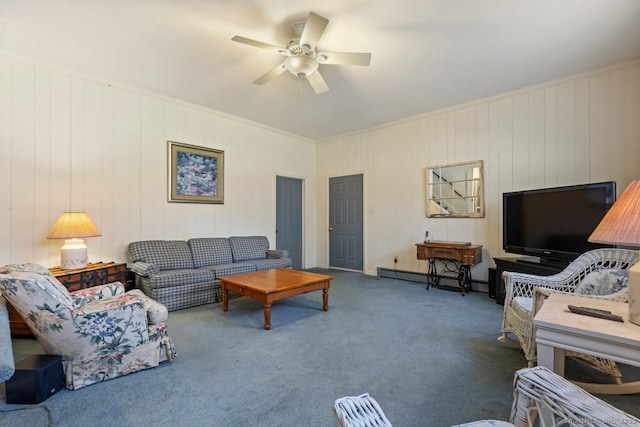 carpeted living area with a ceiling fan