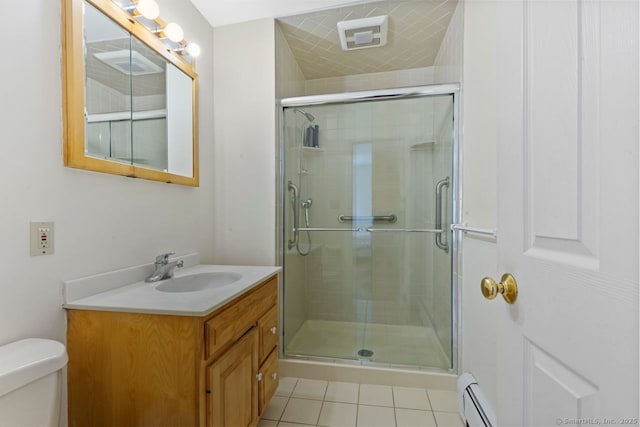 bathroom featuring a shower stall, vanity, toilet, and a baseboard heating unit