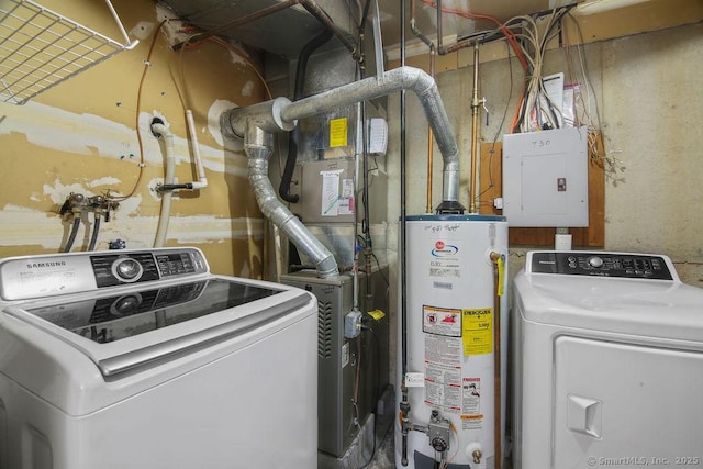 washroom with electric panel, laundry area, water heater, and washer / clothes dryer