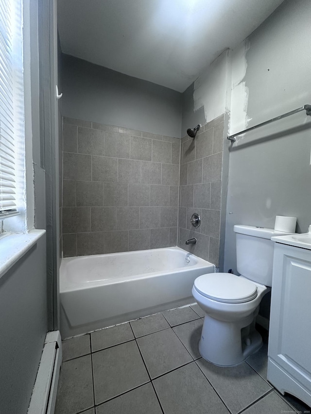 full bath with toilet,  shower combination, tile patterned flooring, baseboard heating, and vanity