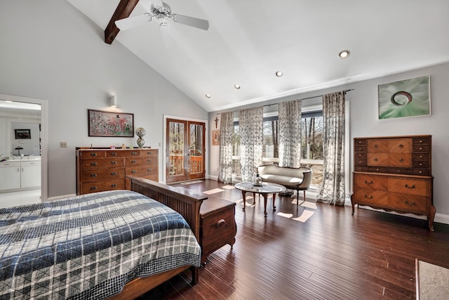 bedroom featuring baseboards, beamed ceiling, recessed lighting, wood finished floors, and high vaulted ceiling