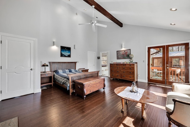 bedroom featuring wood finished floors, baseboards, beam ceiling, recessed lighting, and access to outside