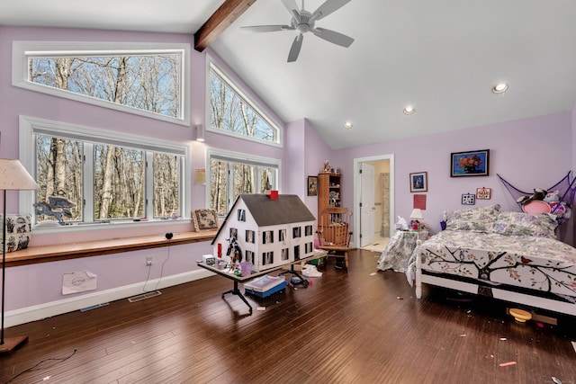 bedroom featuring baseboards, visible vents, high vaulted ceiling, wood-type flooring, and beamed ceiling