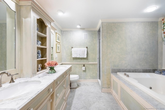 bathroom with ornamental molding, marble finish floor, toilet, and a tub with jets