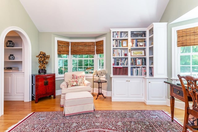 sitting room with vaulted ceiling, light wood-style flooring, and baseboards