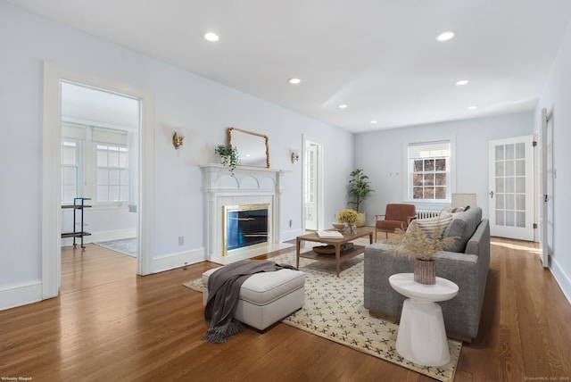 living area featuring a premium fireplace, wood finished floors, and recessed lighting