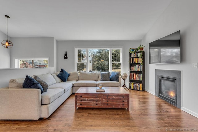 living room with a glass covered fireplace and wood finished floors