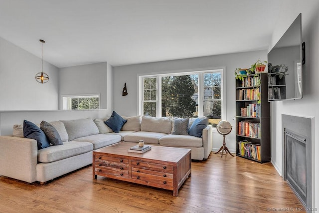 living area with a wealth of natural light, a fireplace, and wood finished floors