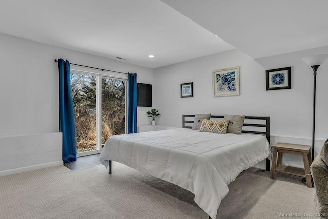 bedroom featuring access to exterior, visible vents, baseboards, light colored carpet, and recessed lighting