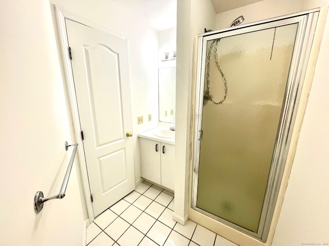 bathroom featuring tile patterned flooring, a shower stall, and vanity