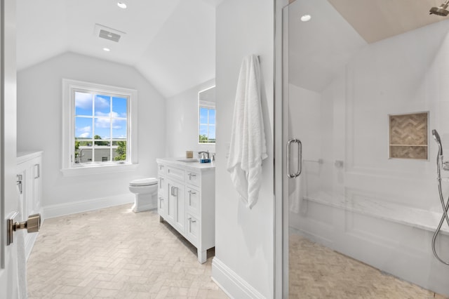 full bath with vanity, visible vents, vaulted ceiling, baseboards, and an enclosed shower