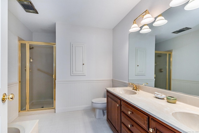 full bathroom with a shower stall, wainscoting, visible vents, and a sink