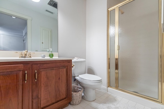 full bath featuring vanity, toilet, visible vents, and a stall shower