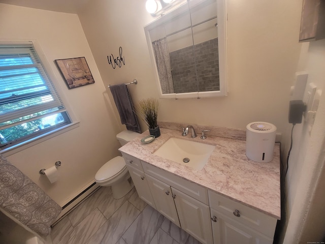 full bath with a baseboard heating unit, a shower with curtain, vanity, and toilet