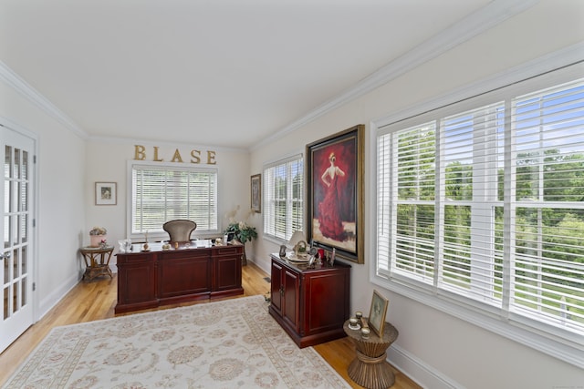 office area featuring ornamental molding, light wood-type flooring, and plenty of natural light