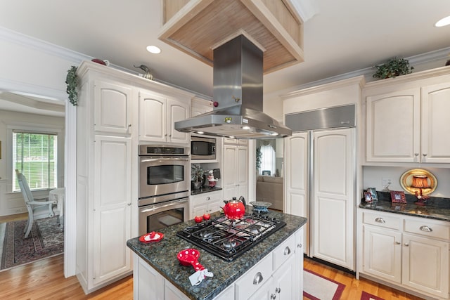 kitchen with stainless steel appliances, ornamental molding, island exhaust hood, and light wood-style flooring