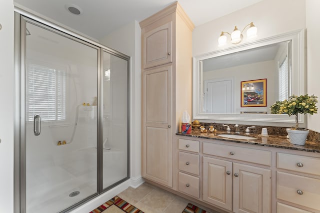 bathroom featuring a stall shower, vanity, and tile patterned floors