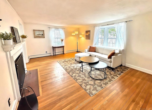 living area featuring light wood-type flooring, a fireplace with flush hearth, electric panel, and baseboards