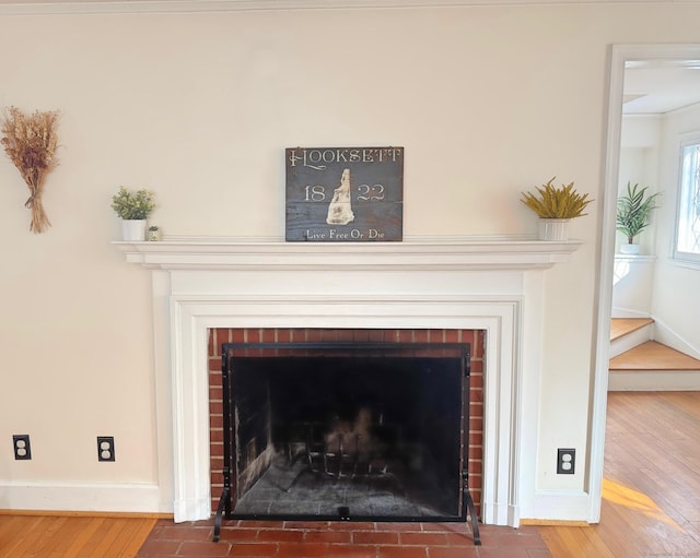 room details with a fireplace, baseboards, and wood finished floors