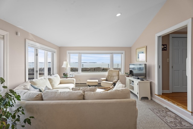 living room featuring lofted ceiling, light carpet, baseboards, and recessed lighting