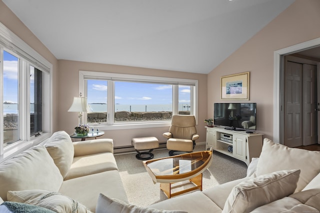 carpeted living room with vaulted ceiling, baseboard heating, and baseboards