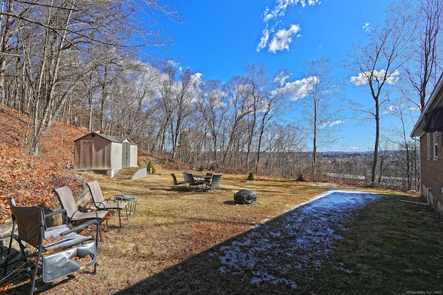 view of yard featuring a shed, gravel driveway, and an outdoor structure