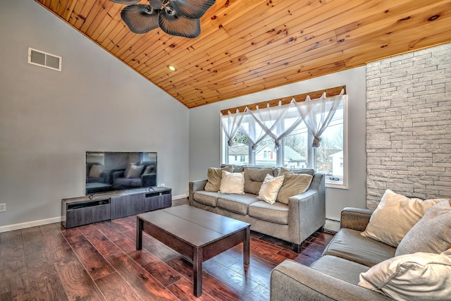 living room with visible vents, a ceiling fan, hardwood / wood-style flooring, wooden ceiling, and baseboards