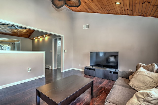 living room featuring visible vents, baseboards, dark wood-style flooring, vaulted ceiling, and wooden ceiling