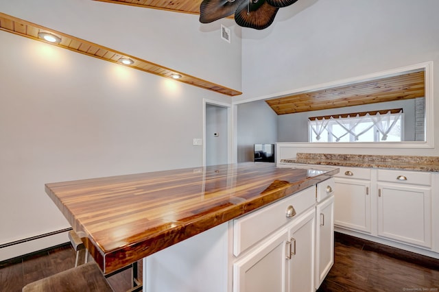 kitchen featuring visible vents, dark wood-type flooring, butcher block countertops, white cabinets, and wooden ceiling